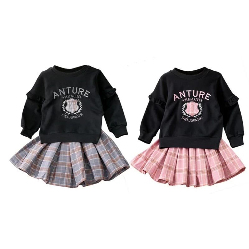

2Pcs Children's Sets Kids Girls Clothing Cute School Style Tops Dress Set British Plaid Skirt Sets For Kids Girls