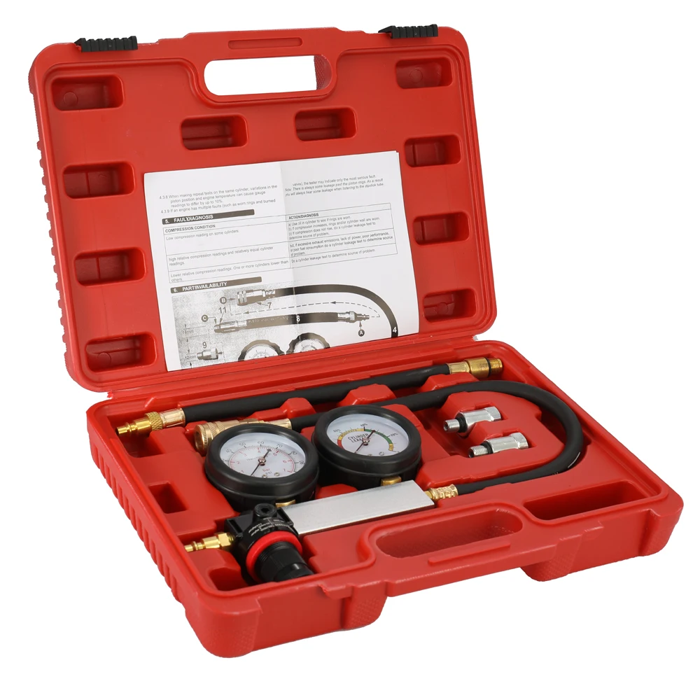 

Auto Cylinder Leak Tester Petrol Engine Gauge Tool Kit Compression Leakage Detector Kit Set Double Gauge System with Case