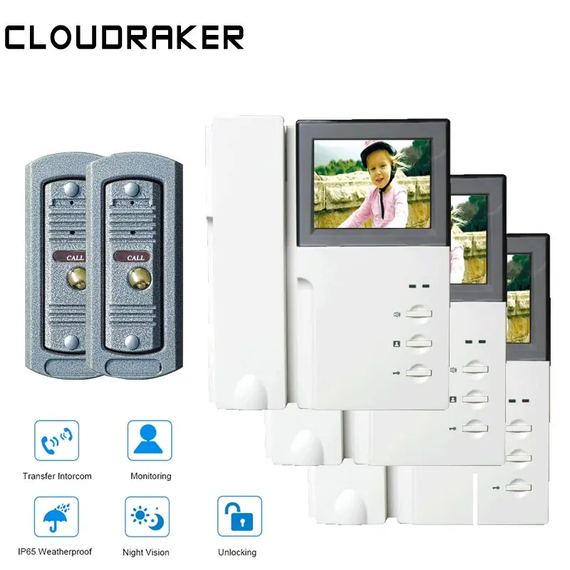 

CLOUDRAKER 4.3'' Video Intercom System 3x Monitor with 2x Pinhole Wired Video Door Phone Camera IR Night Vision Unlock