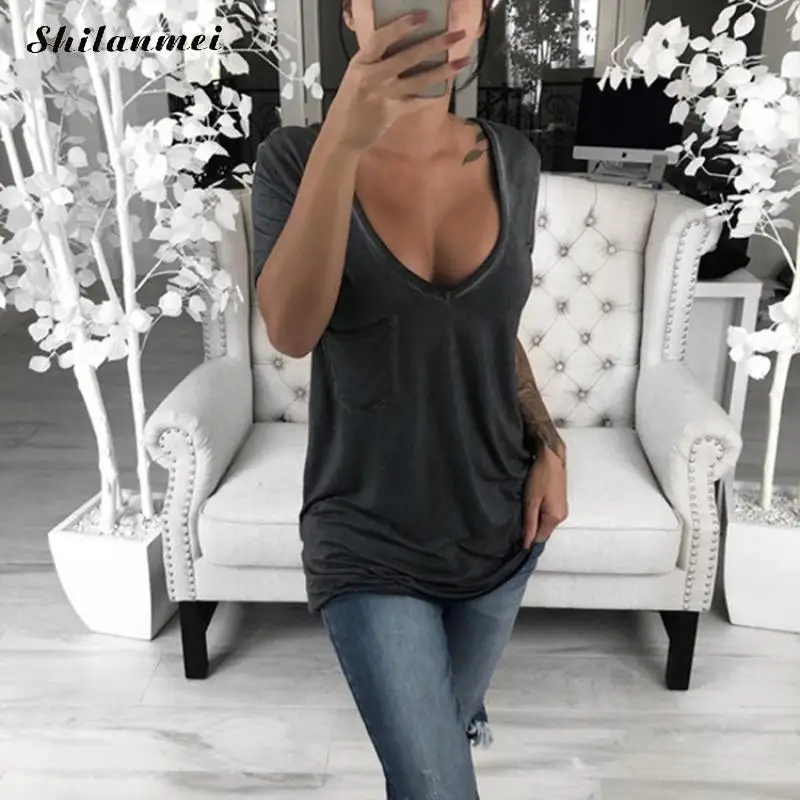 Плюс Размеры 5XL 4XL футболка Для женщин 2019 Sexy Глубокий V шеи летняя повседневная Femme