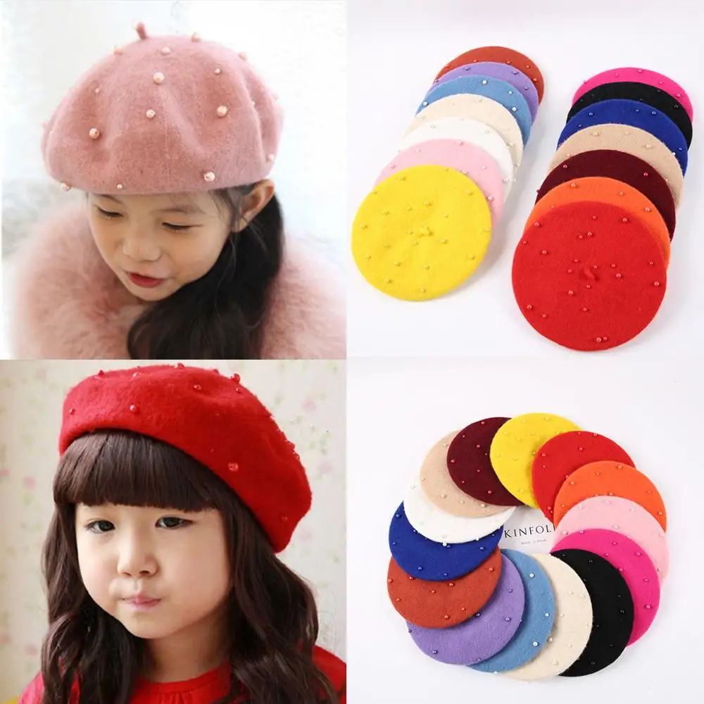 

Baby Girls Boinas Boina Feminina Hipster Pearl Wool Felt Beret Multicolor Painter Cute Hat for Children