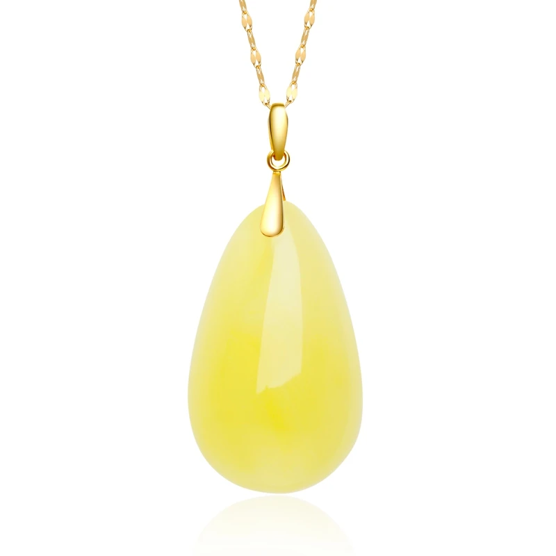 RINYIN Nature Amber Pendant Necklace Water Drop Charm Pure 18K Yellow Gold AU750 Rolo Chain 18