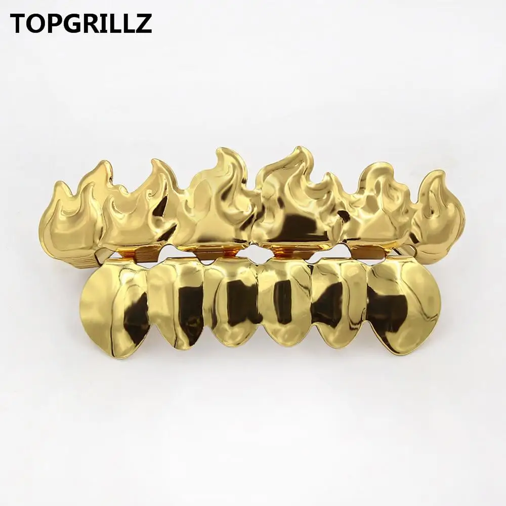 TOPGRILLZ позолоченные хип-хоп ЗУБЫ Grillz пламя лист сверху и снизу гриль набор с силиконовыми вампирскими зубами Рождественский подарок - Окраска металла: Gold Set