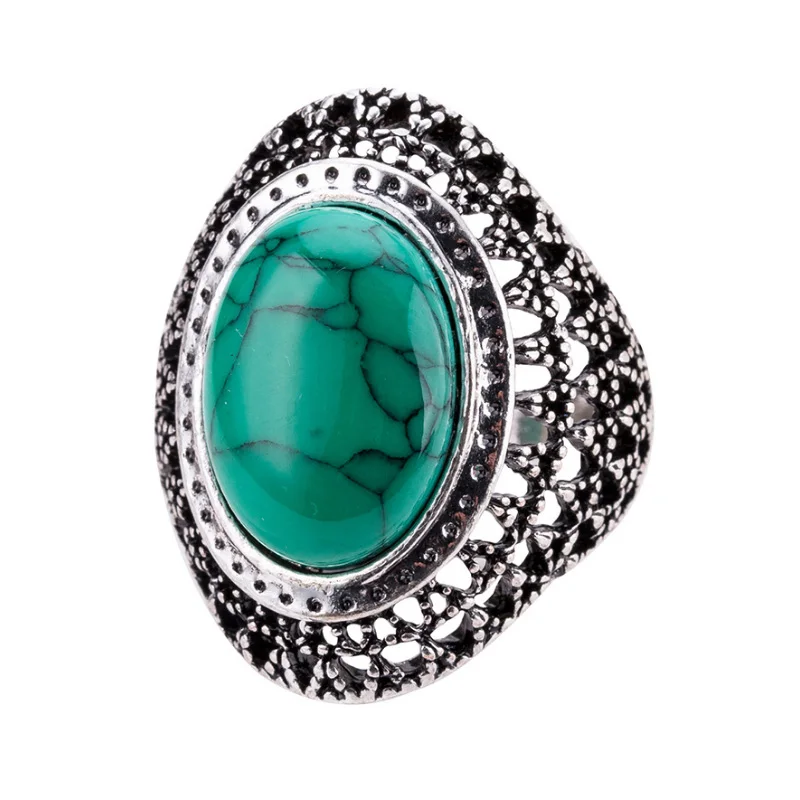 

New Thai Silver Ring for Women Retro Style Classic Oval Turquoises Rings Party Anniversary Ring Gift