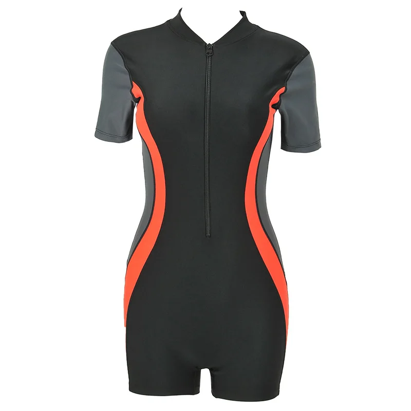 

One Piece Plus Size Swimwear Athletic Bodysuit Beach Sport Surf Swimsuit Women Zipper Short Sleeves Swimsuit Slim Bathing Suit