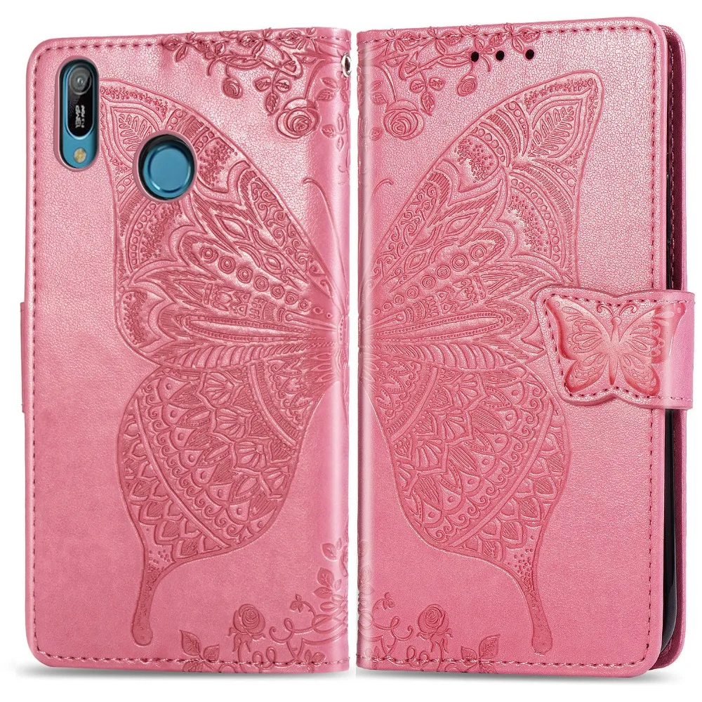For Huawei Y6 2019 Case Luxury 3D Emboss Butterfly Kickstand Wallet Premium Leather Flip Card Slots Magnetic Phone Cover |