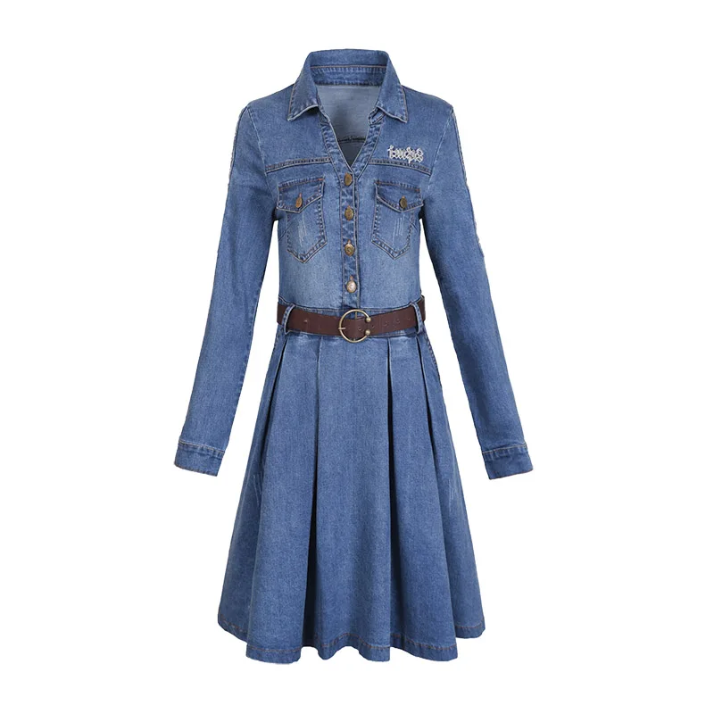 Autumn Long Sleeves Denim Dresses Women Fashion Elasticity High Waist Jeans With Belt Pocket Slim Female Denim Dress Vestido