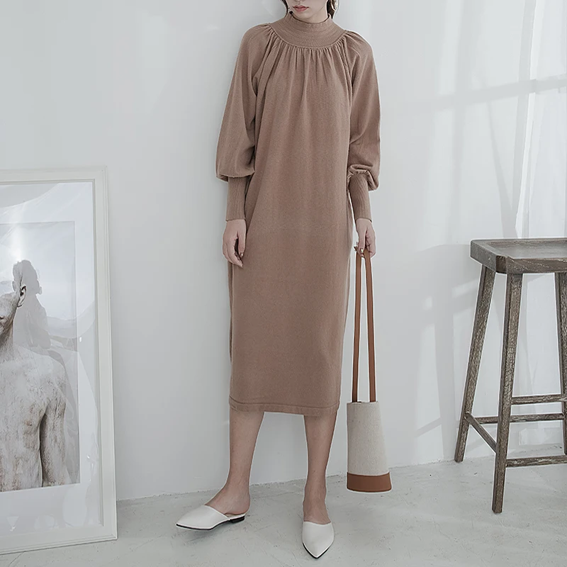

[AOSHENG] 2018 Winter Autumn 5 Color Simple Stand Collar Long Puff Sleeve Pleated Large Size Dress Women Y679
