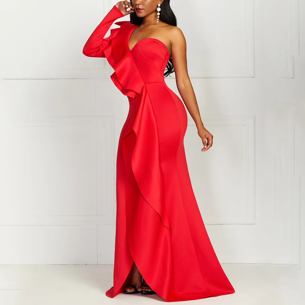 Элегантные вечерние винтажные женские длинные платья в африканском стиле, большие размеры, на одно плечо, без бретелек, с оборками, женское платье макси красного цвета
