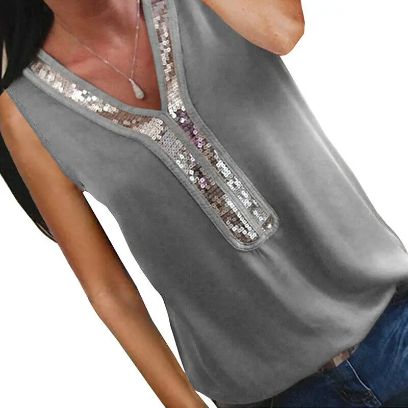 Женская шифоновая блузка с v-образным вырезом и пайетками, летняя блузка без рукавов, офисные женские блузки, топы больших размеров, S-2XL blusa feminina