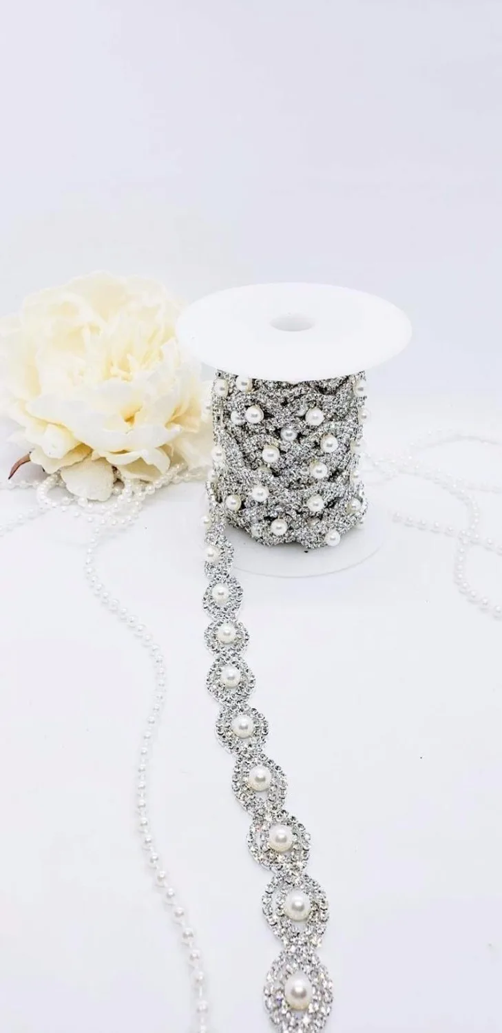 

10Yards Pearls Rhinestone Trims Diamond Bling Bling Crystals Appliques For Wedding Belt Sash