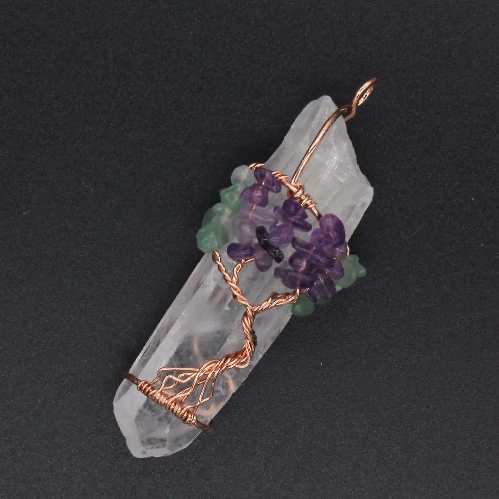 

Rose Gold Color Irregular Shape Natural Rock Crystal Handmade Wire Wrapped Green Aventurine Purple Amethysts Pendant Jewelry