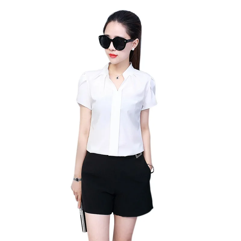 Женская шифоновая блузка с v-образным вырезом и коротким рукавом, Однотонная рубашка больших размеров, элегантная женская осенняя Модная рубашка - Цвет: white