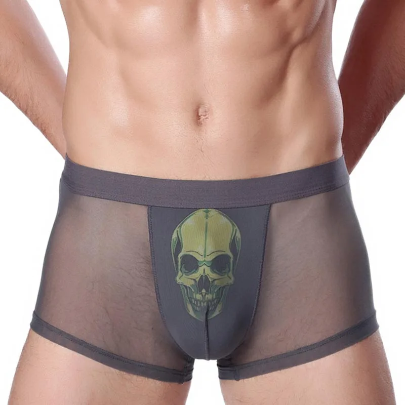 

Ultrathin Mens Transparent Underwear Novelty Skull Pattern Boxer Shorts Sexy Sheer Mesh Panties Comfortable Breathable Shorts