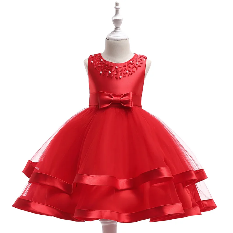 Розничная, детское летнее платье для девочек, детское для девочек с бантом, свадебное платье для дня рождения, 6 цветов, одежда для девочек L5017 - Цвет: red