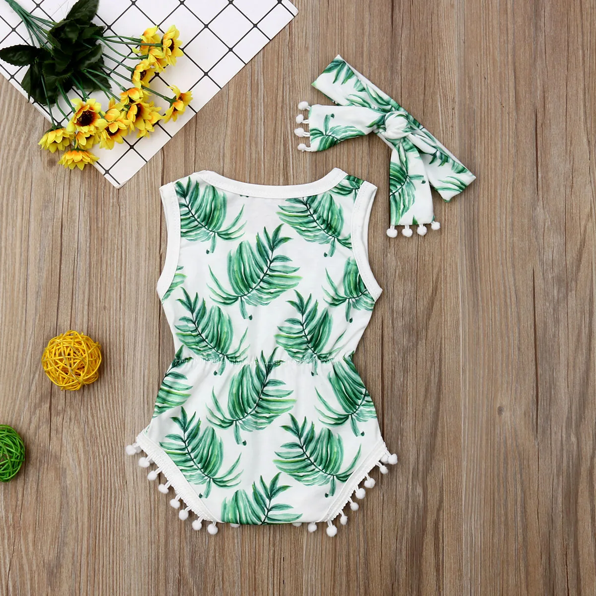 Cute Newborn Baby Girl Sleeveless Watermelon Tassel Ball Bodysuit Jumpsuit Headband 2PCS Summer Clothes