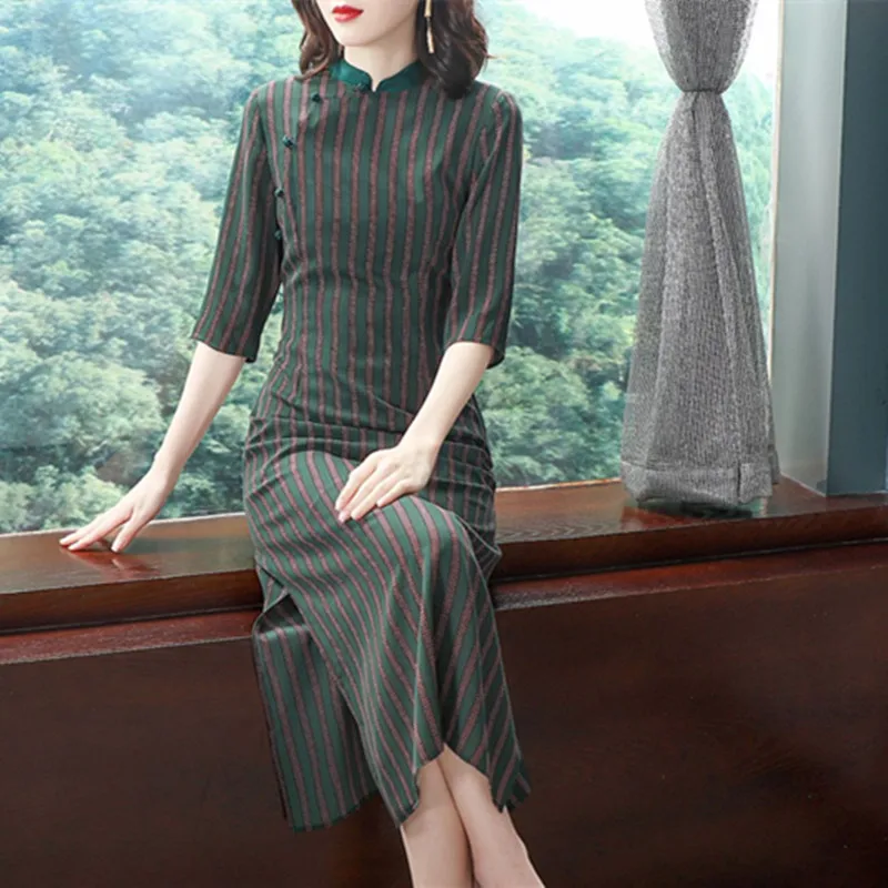 Высококачественное Брендовое платье Qipao весенне-летнее винтажное коктейльное платье женское облегающее платье в полоску 50 s 60 s