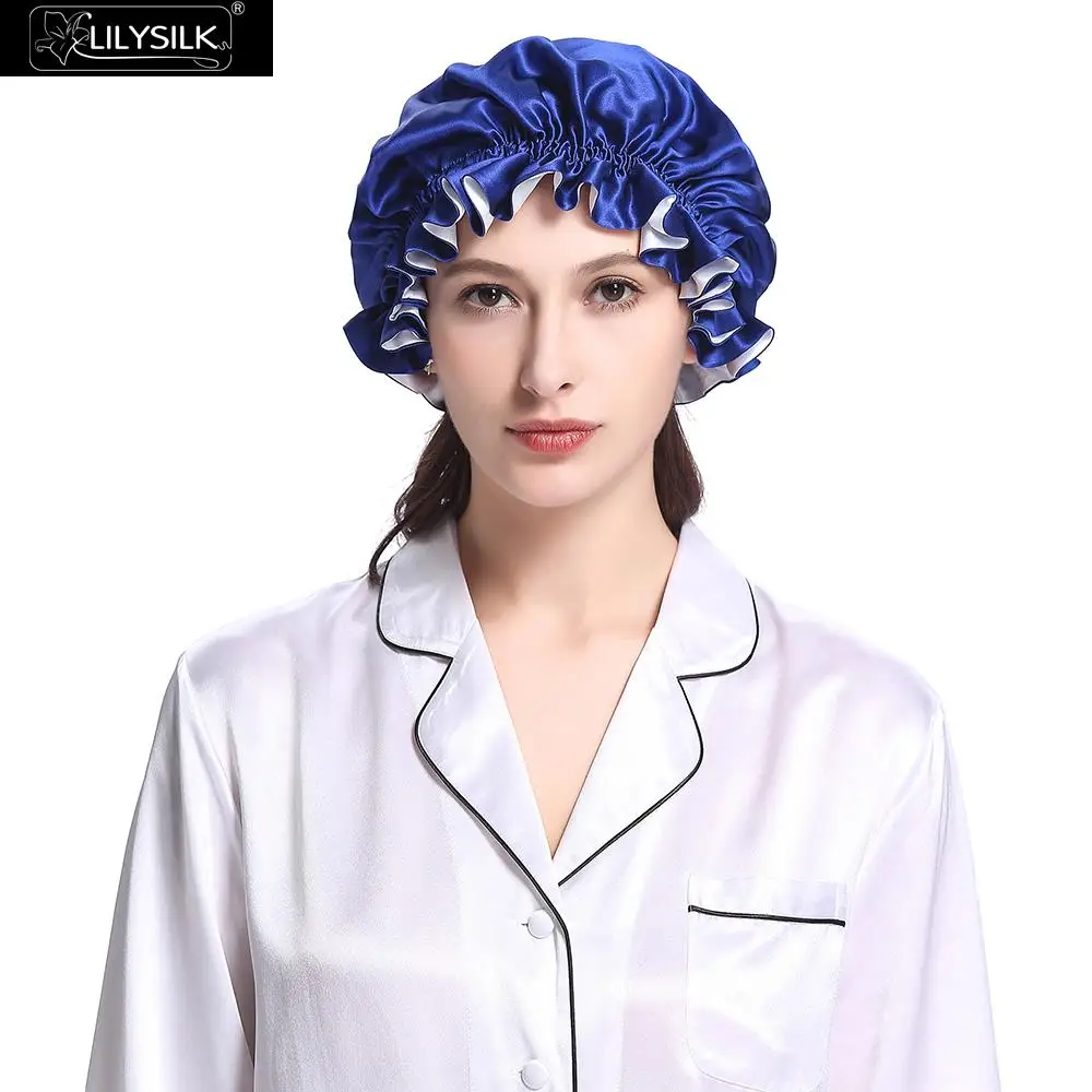 Lilysilk Double Silk Night Sleep Cap Luxury Women Hat Accessories Lady - Цвет: Blue and White