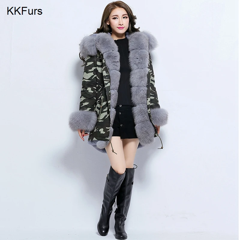 Jkkfurs Мода из натурального Лисьего меха с капюшоном пальто Высококачественная камуфляжная куртка-парка зимняя куртка толстые теплые пальто S1739