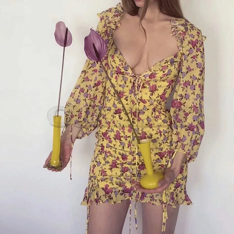 

CUERLY chic print chiffon full sleeve dress women 2019 summer print bow streetwear dress party club mini dresses female vestidos