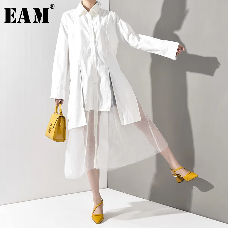 

[EAM] 2019 New Autumn Winter Lapel Long Sleeve Black Hem Mesh Split Joint Irregular Loose Shirt Dress Women Fashion Tide JQ42501