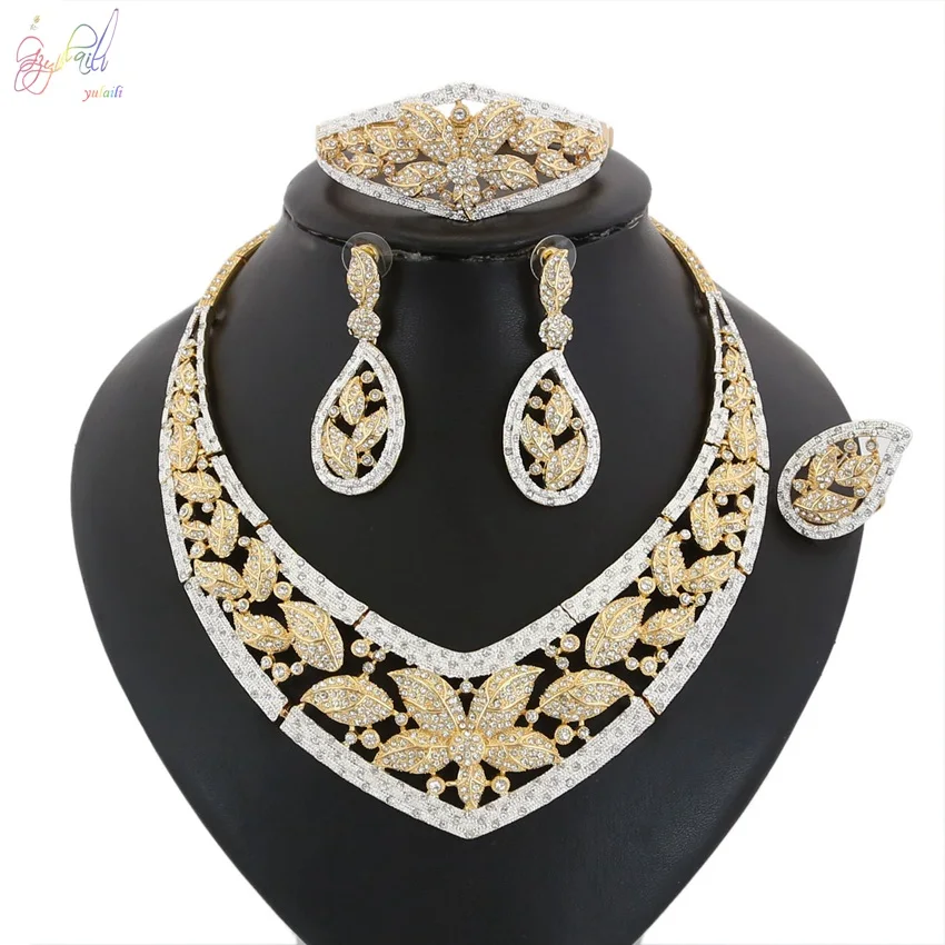

YULAILI New Cubic Zircon 4pcs Jewelry Set for Women Wedding Dubai Alloy Necklace Sets with Earrings Bracelet Ring