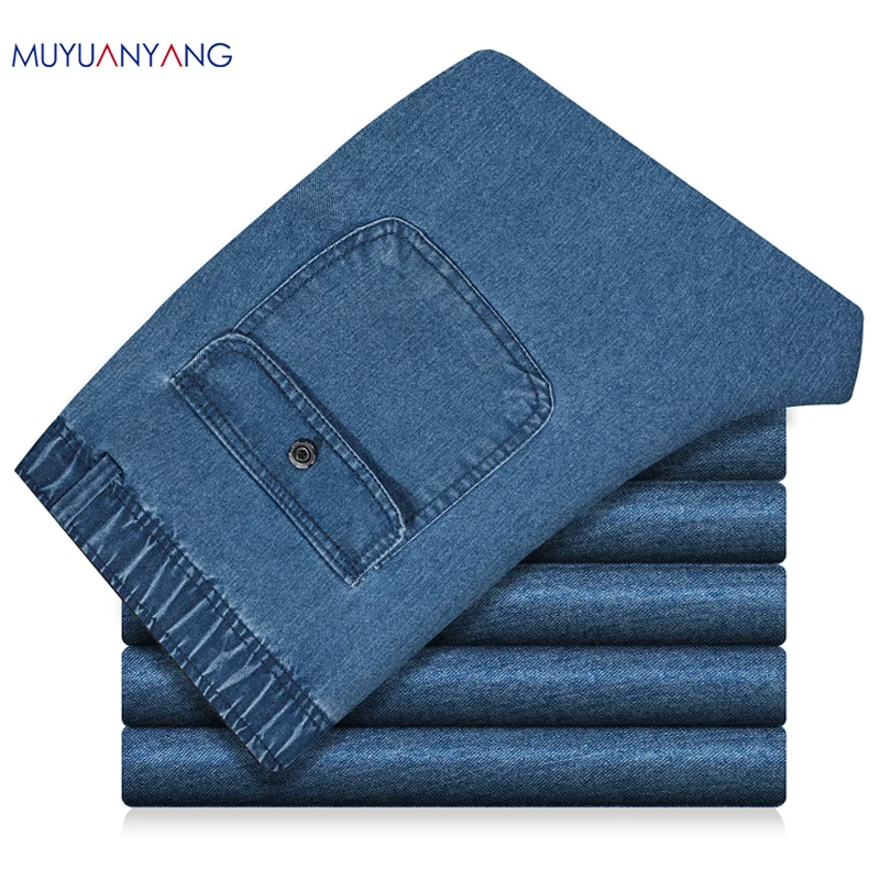 Mu Yuan Yang, скидка 50%, мужские джинсы с эластичной резинкой на талии, 3XL, 4XL, 5XL, Стрейчевые джинсы, прямые длинные брюки, мужские джинсы, Большой размер