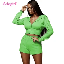 дешево! Adogirl Solid Women Спортивный костюм из двух частей молния с длинным рукавом с капюшоном кофты Crop
