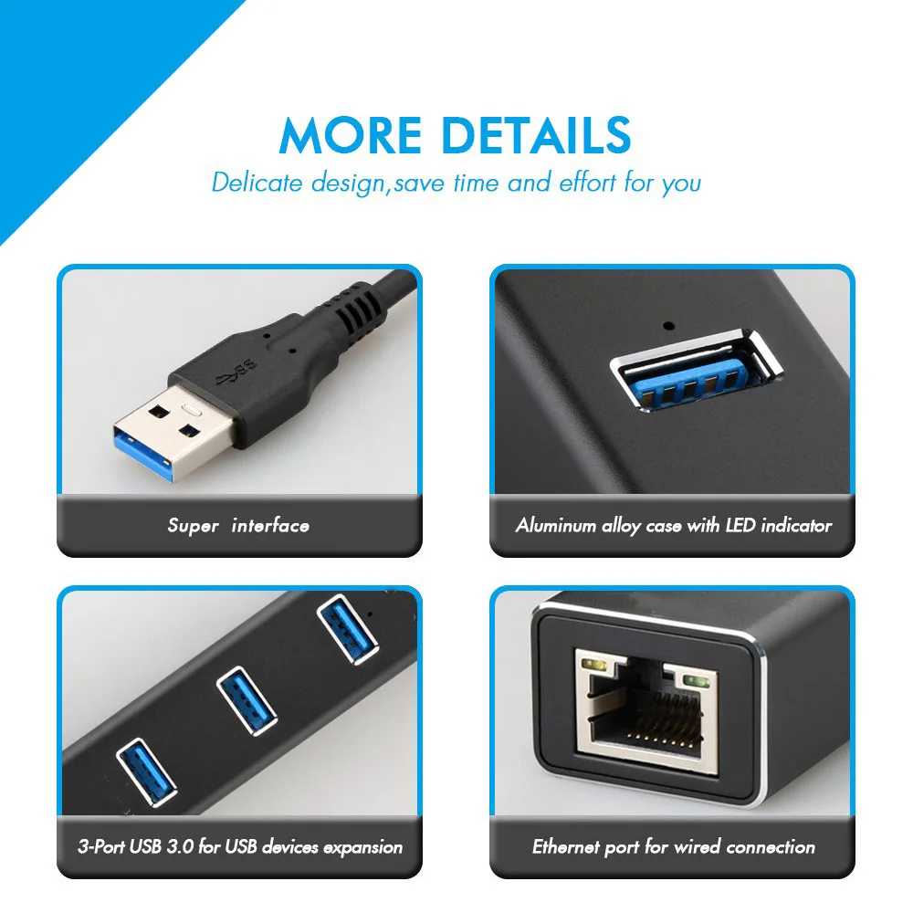 Алюминиевый USB концентратор Ethernet адаптер 3 0 порта 10/100/1000 Мбит/с сетевой порт к rj45