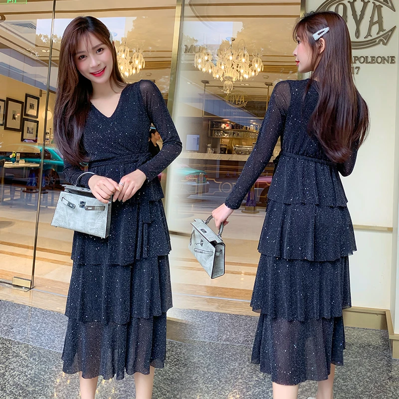 

2019 spring autumn Korean casual V-neck bright silk Sexy Hip midi dress women waist Slim party belt Dress kleider damen dresses