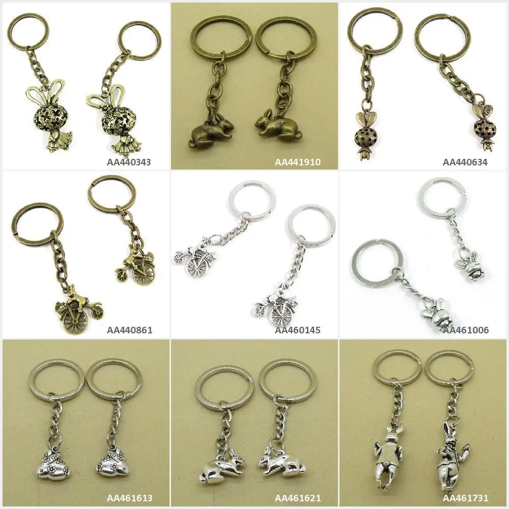 

Antique Bronze Silver Tone Keychain Keyring Keytag Gentleman Rabbit Hare Chinese Zodiac Miss Cycling Key Chain Ring Tag Gift