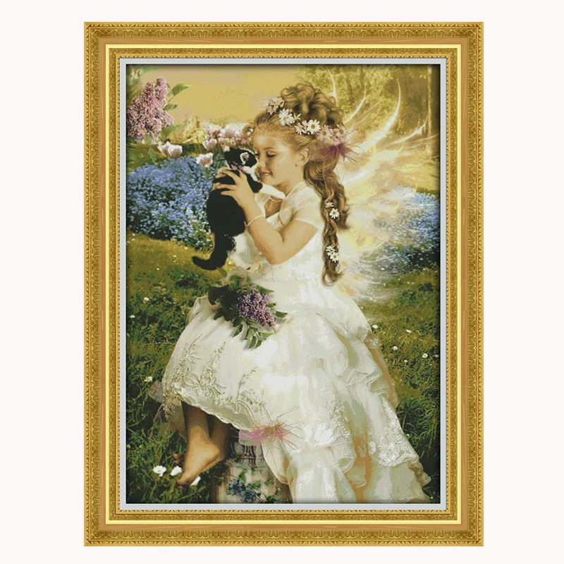  JoySunday counted cross stitch diy The girl holding the cat DMC14CT11CT cotton needlework baby room - 32792409206