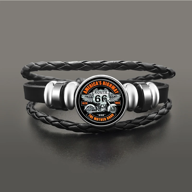 

Classic US Route 66 Bracelet Jewelry Punk Leather Glass Dome Cabochon Button Snap Bracelets For Men Women