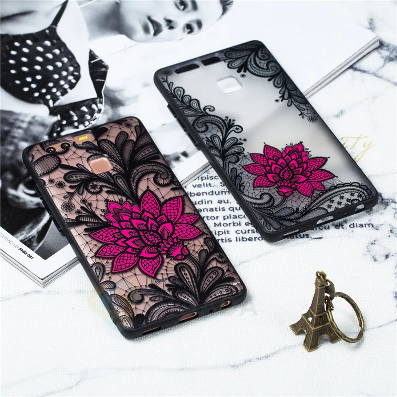 Embossed Lace Flower Phone Case For Huawei P9 Sexy Floral Hard Plastic+TPU Coque Back Cover |