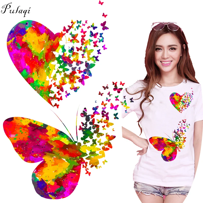 

Pulaqi Love Butterfly Iron On Heat Transfers Cartoon DIY Sticker For Clothing T-shirts A-level Washable Easy Print Cute Patches