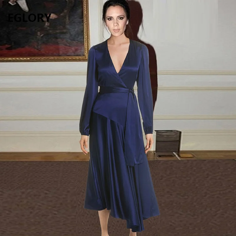 Meilleur Nouveau 2019 Printemps Été Party Celebrity Femmes Robe de V cou Asymétrique Style Ceinturée à Manches Longues Foncé Bleu Rouge Robe de Soie