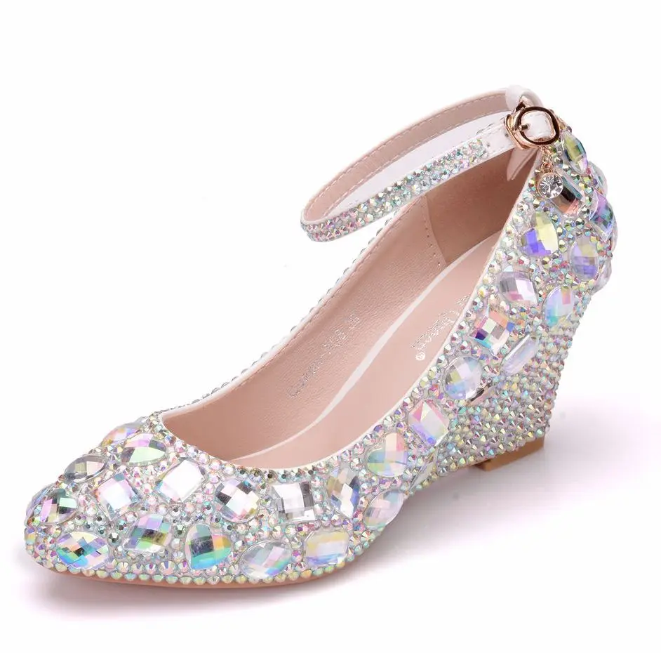 

8CM heel wedges ankle straps shinny AB crystal rhinestones wedding shoes woman NQ170 handmade luxury ladies princess party shoe