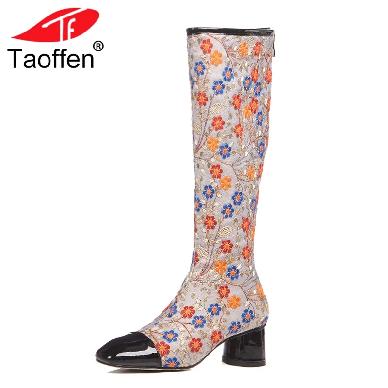 

TAOFFEN Size 33-42 High Heel Woman Boots Real Leather Embroidery Zipper Print Flowers Knee Boots Woman Vintage Shoes