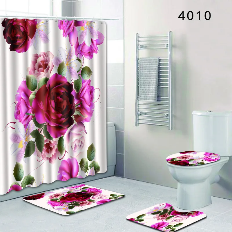

Fabric for Home Decor 4pcs Bath Mat Shower Curtain Set Carpet Bathroom Anti Slip Toilet Mat Accessories with Hooks Doormat Rugs