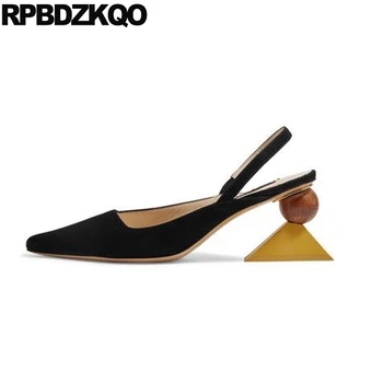 

strap abnormal pointed toe chunky plus size handmade medium heels genuine leather sheepskin shoes women 10 42 slingback 4 34
