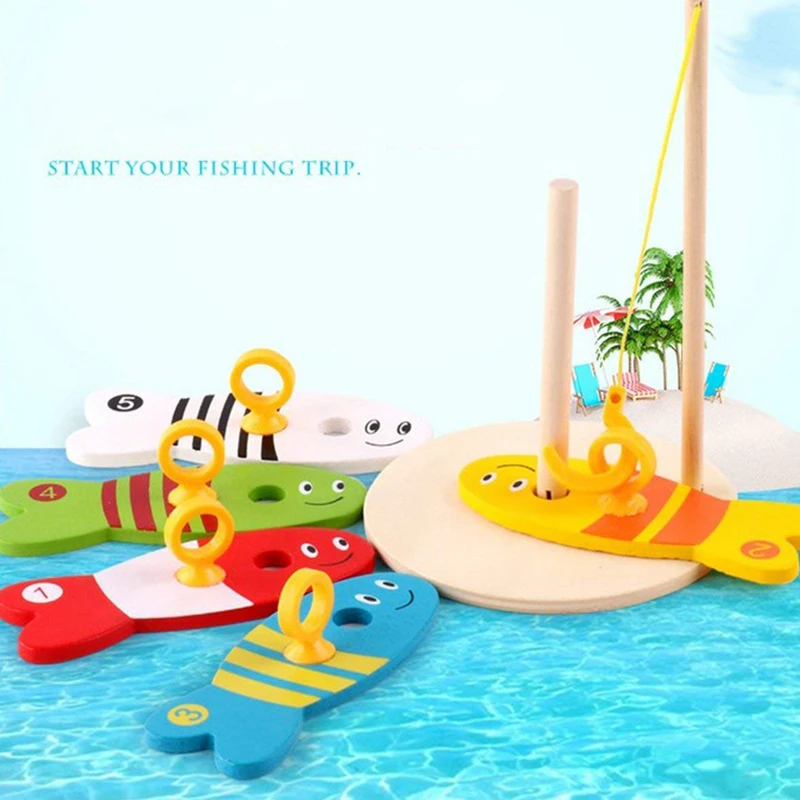 8Pcs/Set Colorful Wooden Fishing Digital Toys Baby Kids Fish Set Column Blocks Game Children Cute Early Educational Cartoon Toy