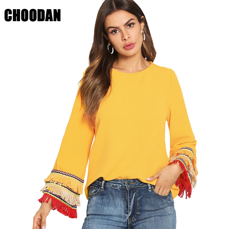 Amarillo blusa camisa primavera otoño Nuevo 2018 moda de las mujeres Tops de manga larga dulce borla Casual o Cuello ropa femenina| Blusas y - AliExpress