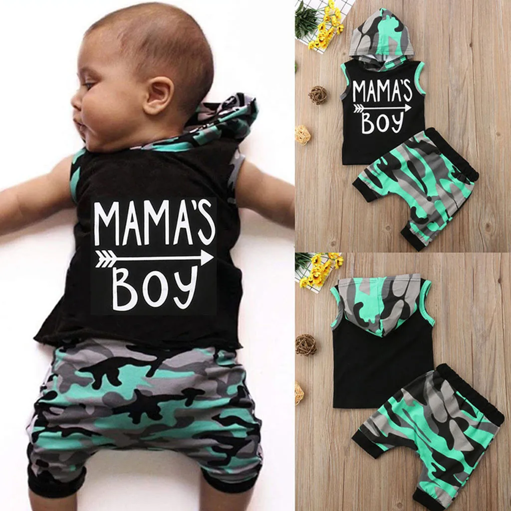

Toddler Baby Boys Letter Print Hooded Vest T Shirt Tops+Camouflage Shorts Clothing Outfits Fashion Boy Clothes Sets 2pcs Suit
