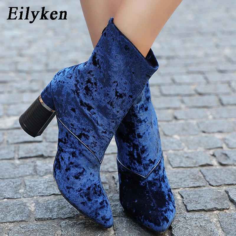 

Eilyken 2018 New Velvet Chelsea Boot Ankle Boots Blue Black Zipper Ankle Boots Pointed Toe high Pumps Women Boots 34- 40