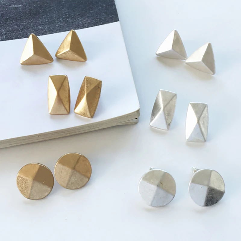 

SRCOI Mini Geometric Alloy Stud Earrings Gold Silver Color Triangle Round Rectangle Minimalist European Female Jewelry Wholesale