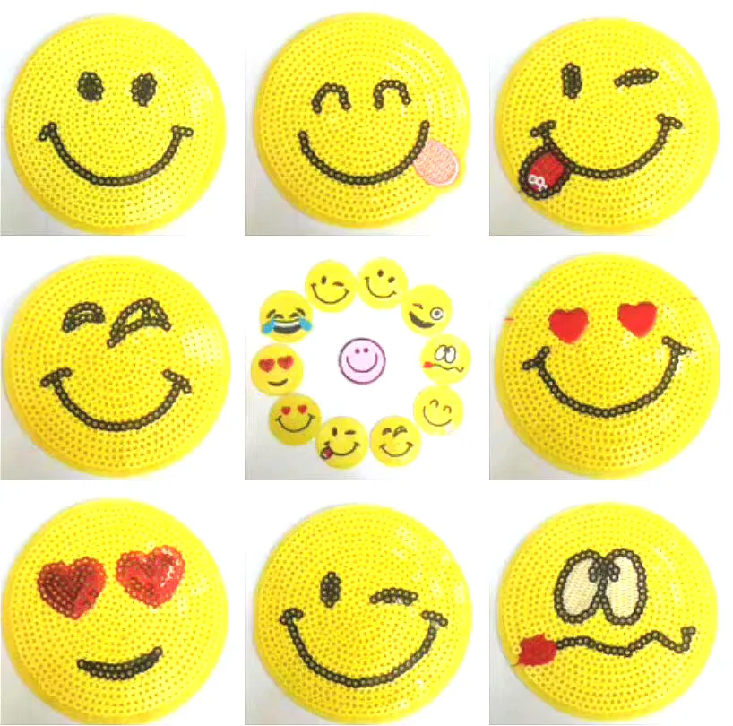 

20PCS/lot Yellow Funny Smiley Sequined Patches Iron on Smile Face Motif Applique Embroidered Patch DIY Garment Accessories