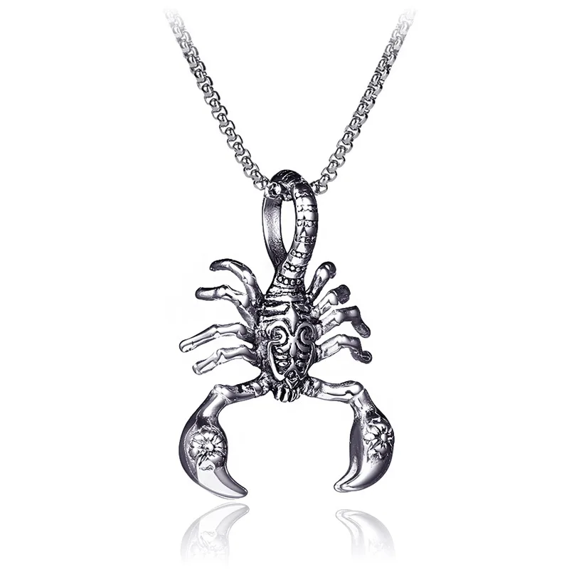 

HENGKE Hip Hop Silver Color Stainless Steel Ice Out Stereoscopic Scorpion Pendants Necklace For Men Jewelry