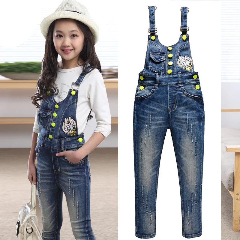 

New Big Girls Denim Overalls Children Clothing Spring Cartoon Patchwork Girls Denim Jumpsuit Fashion Teenage Kids Pants For Girl