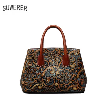 

Genuine Leather handbag 2020 New National Wind Pressure Flower Bag First layer leather pure leather retro embossed handbag