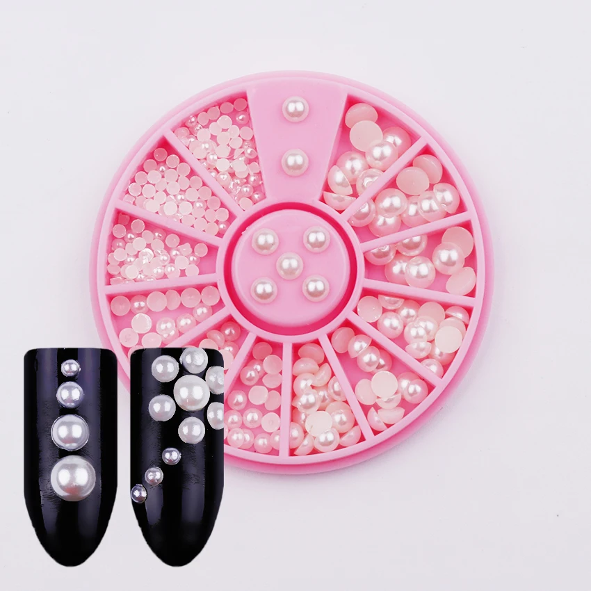 

1 Box Natural Color Nail Pearls Half Ball DIY Mixed Size 3D Nail Decoration Jewelry in Wheel